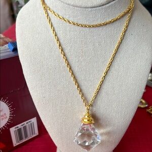 Vintage Elegant Gold Tone Necklace with Diamond Shaped Crystal Pendant 28”
